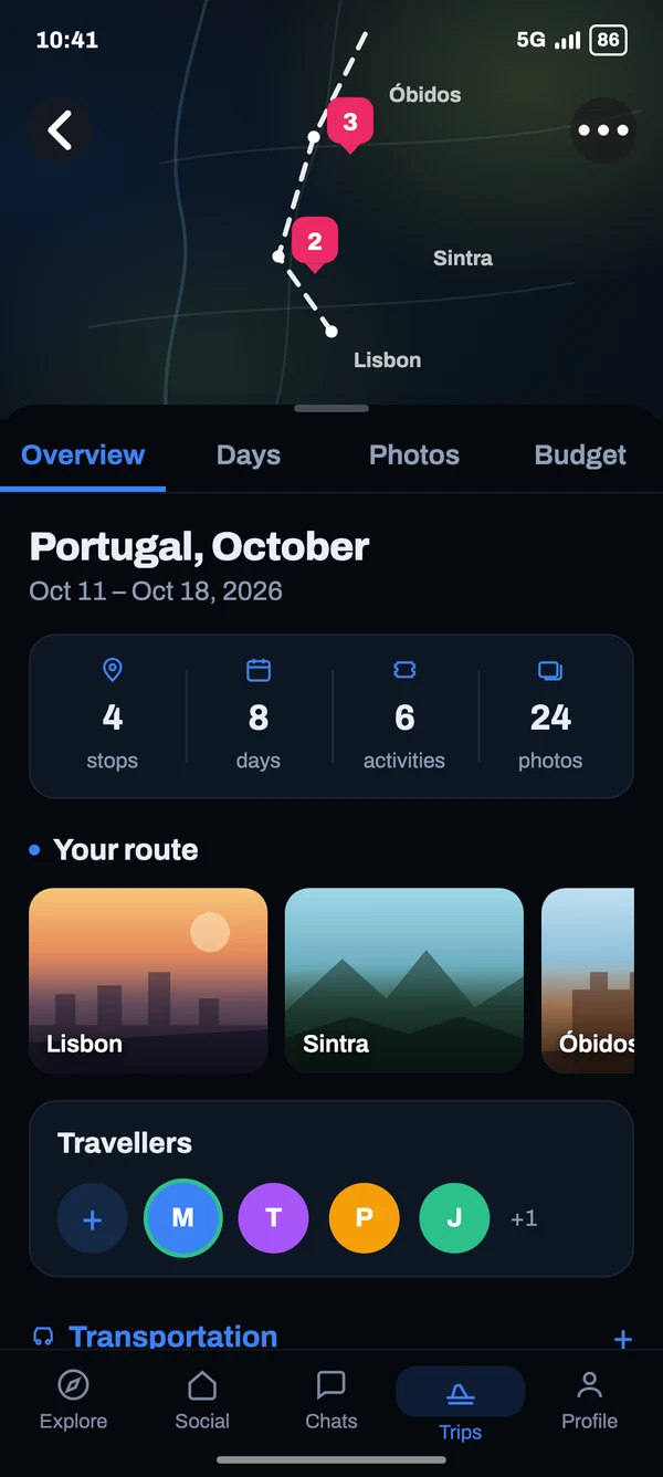 Preview of a Portugal trip in the Tripper app